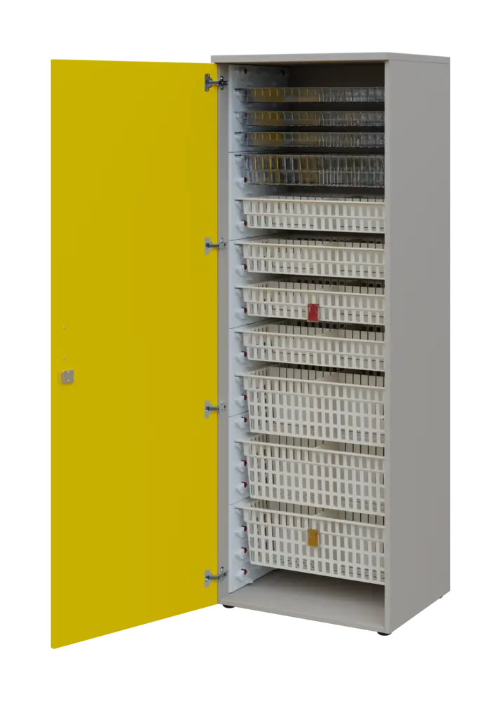 EUROMEDICA D - 66 skříň léková boxová, 1-dveřová, levá, 1950x660x535, korpus šedý, dvířka žlutá odio